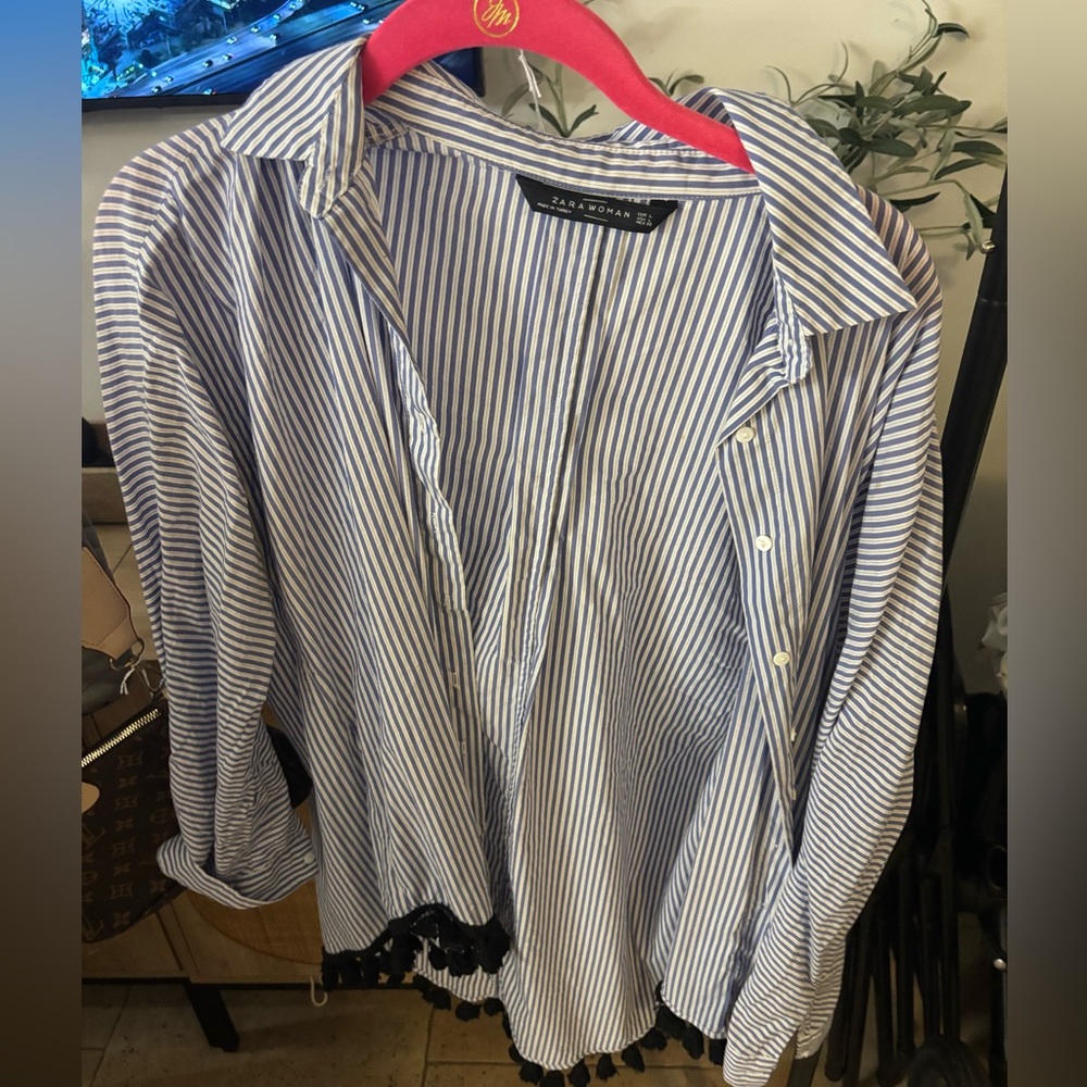 Zara Blue and White Striped women’s Shirt with tassel detail